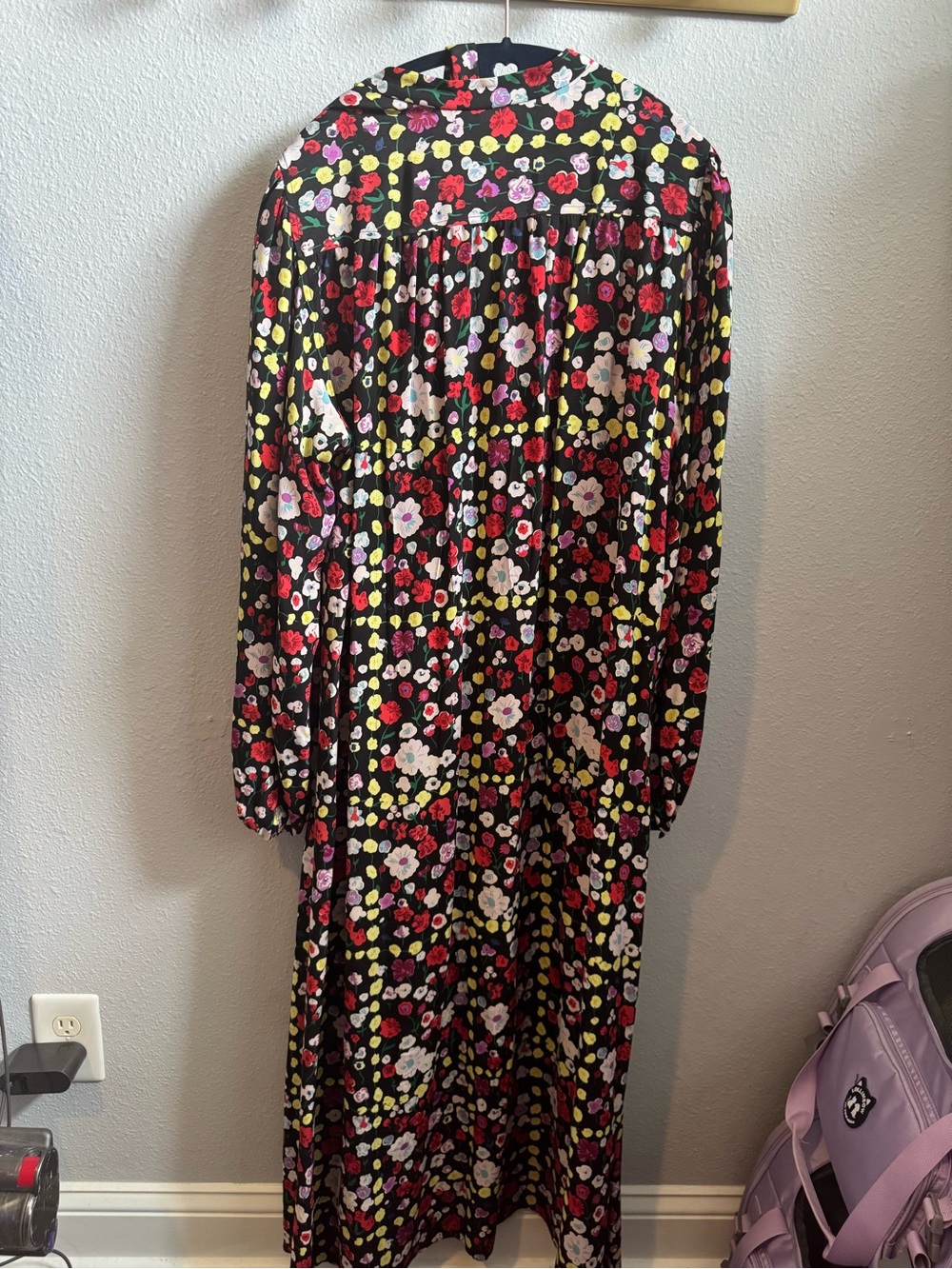 EUC Equipment Black Floral Midi Dress with Red, Yellow, Pink & White Flowers - Picture 5 of 9